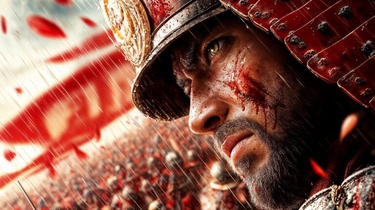 Close up face of a bloodied warrior