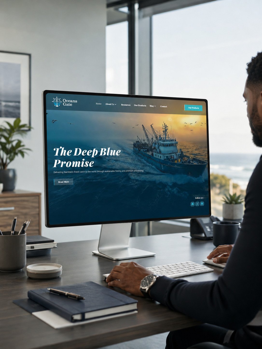 Ocean Gate fishing company website displayed on an office computer