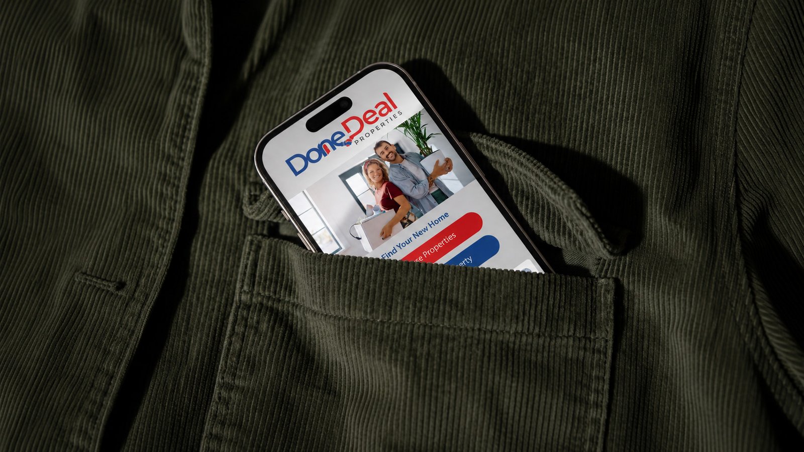 DoneDeal Properties app brand design by Adzooka, showing a modern real estate mobile app interface on a smartphone for property search, buying, selling and renting in Namibia.