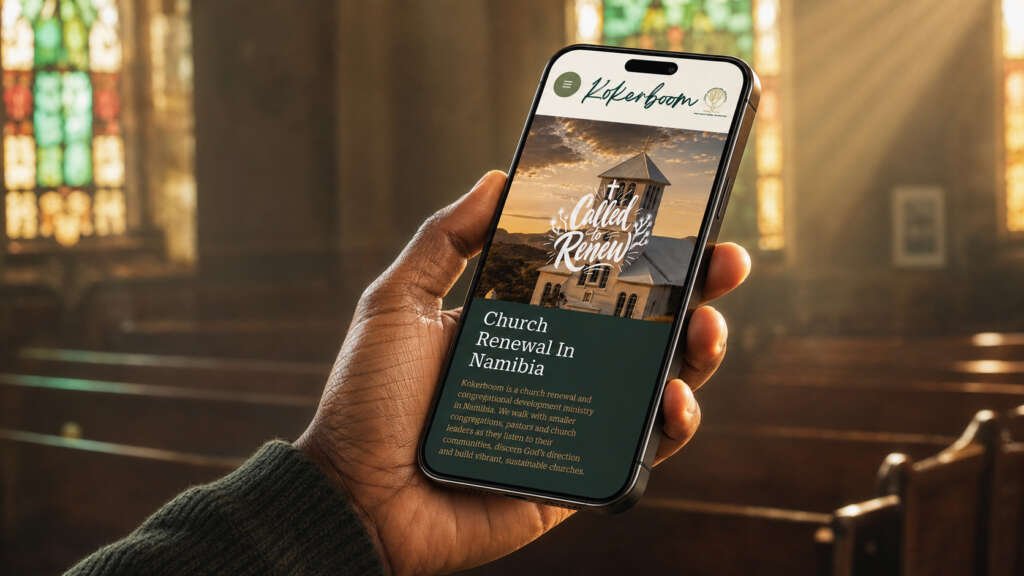 Kokerboom Namibia website design by Adzooka, showing a mobile church renewal website on a smartphone inside a church with warm stained-glass light.