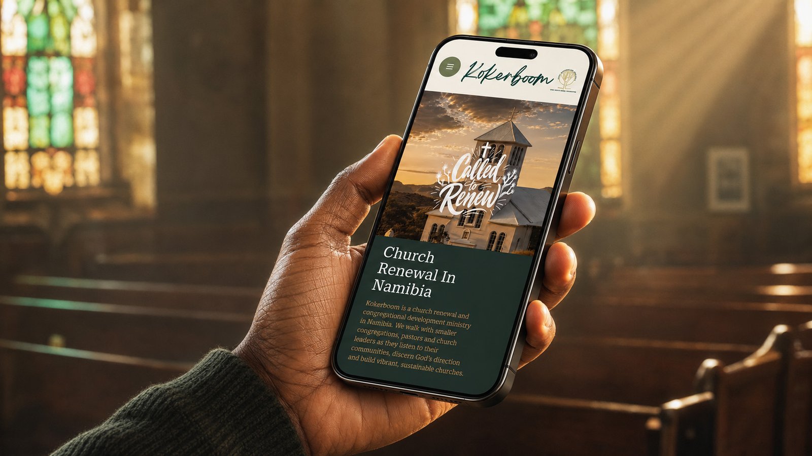 Kokerboom Namibia website design by Adzooka, showing a mobile church renewal website on a smartphone inside a church with warm stained-glass light.