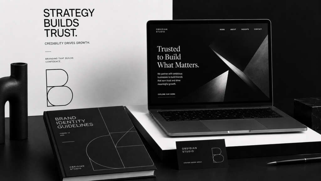 Black and white brand identity workspace showing strategy, trust and professional branding for Namibian businesses.