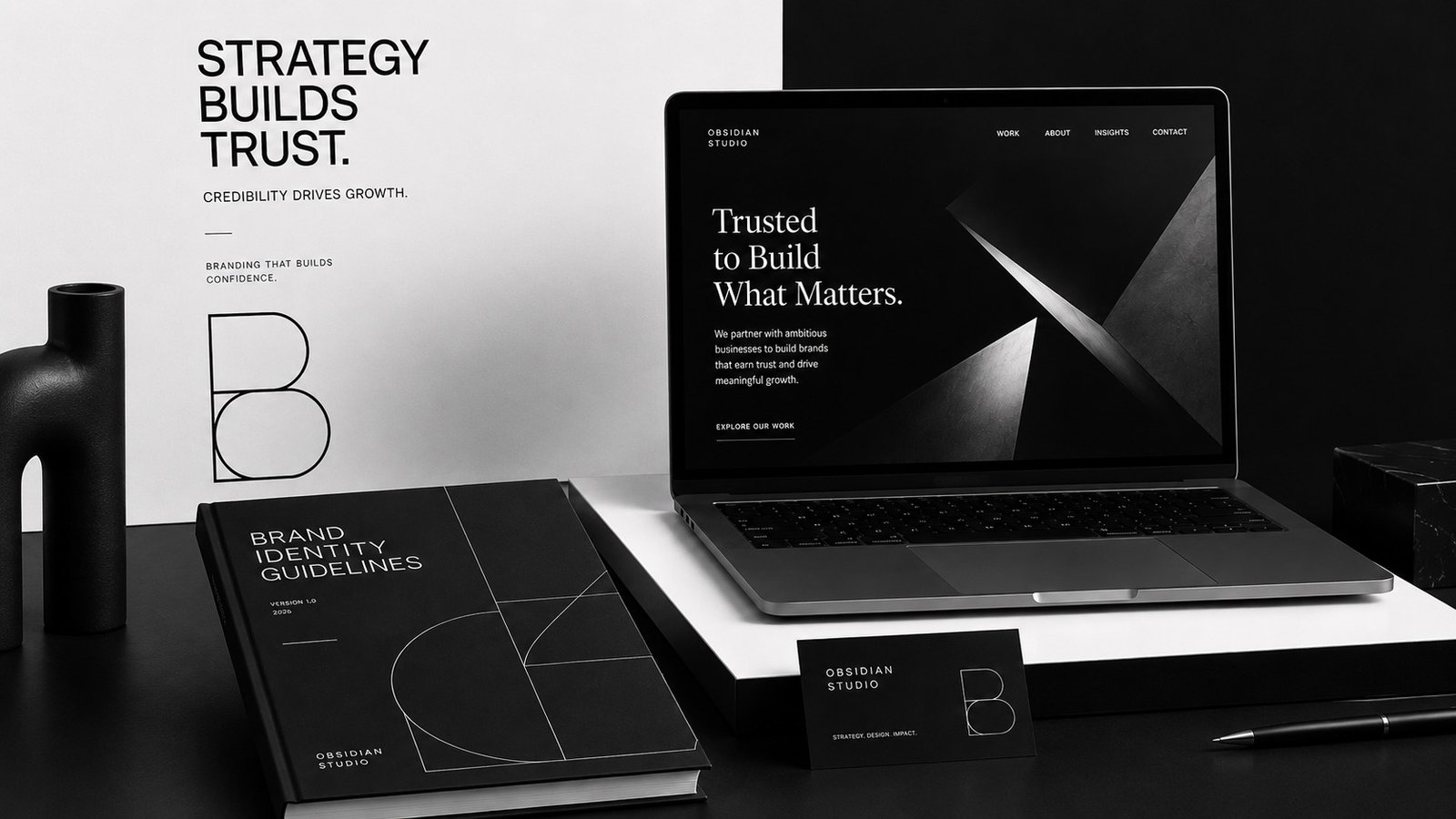 Black and white brand identity workspace showing strategy, trust and professional branding for Namibian businesses.