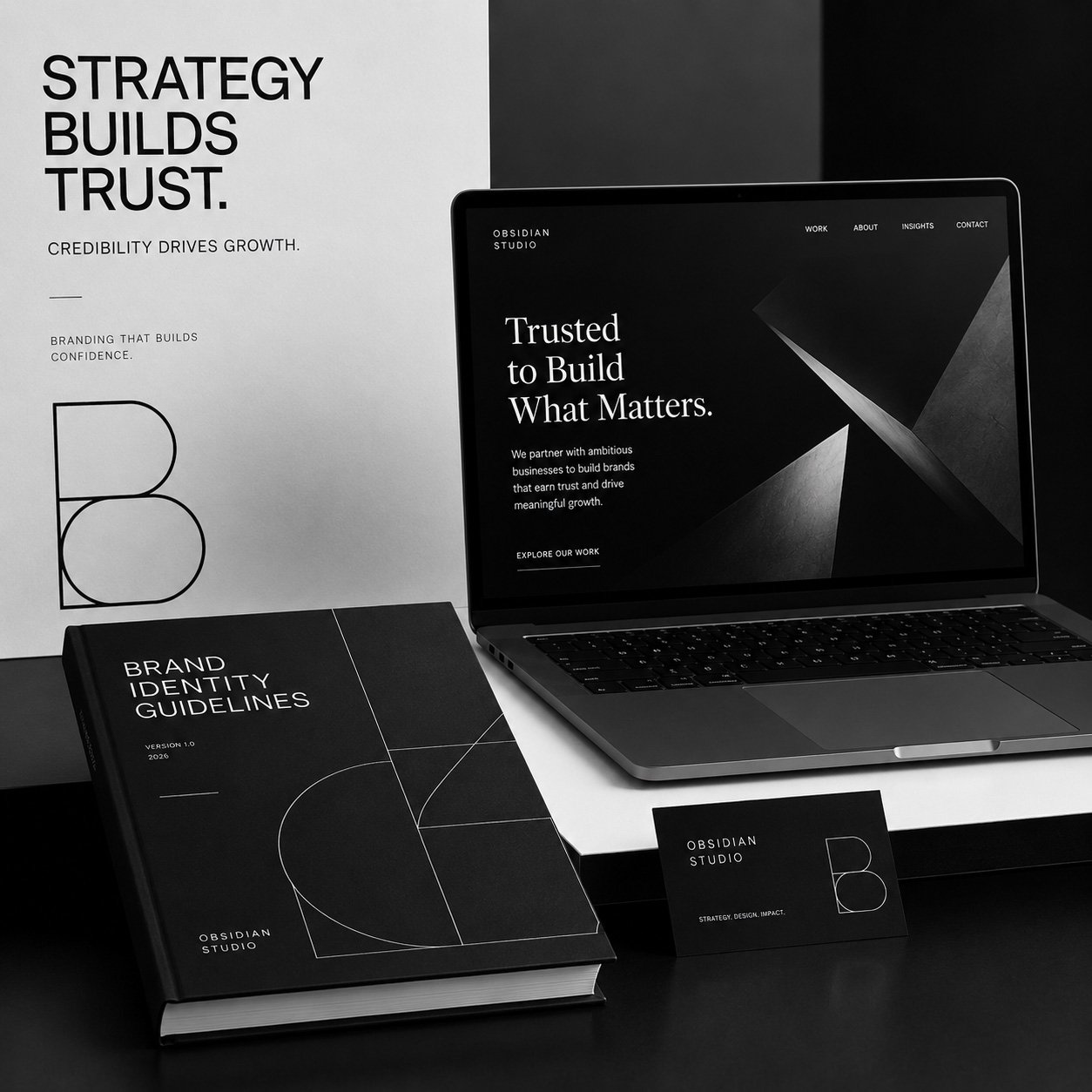 Bold black and white branding system representing trust, credibility and professional brand identity for Namibian businesses.