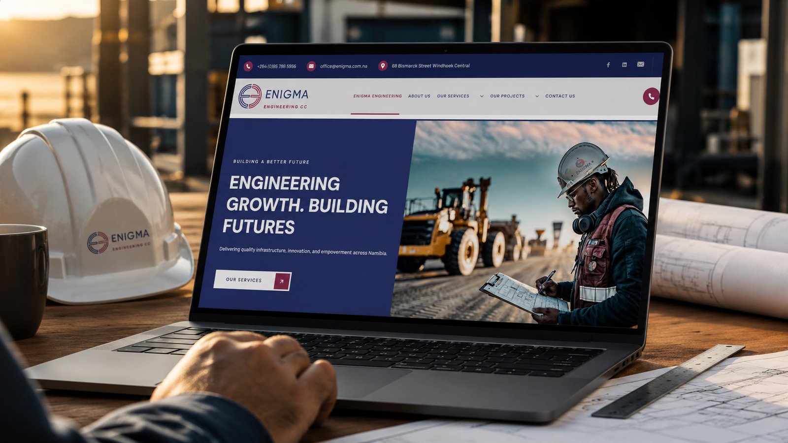 Engineering Website Design In Namibia for Enigma Engineering website laptop mockup by Adzooka