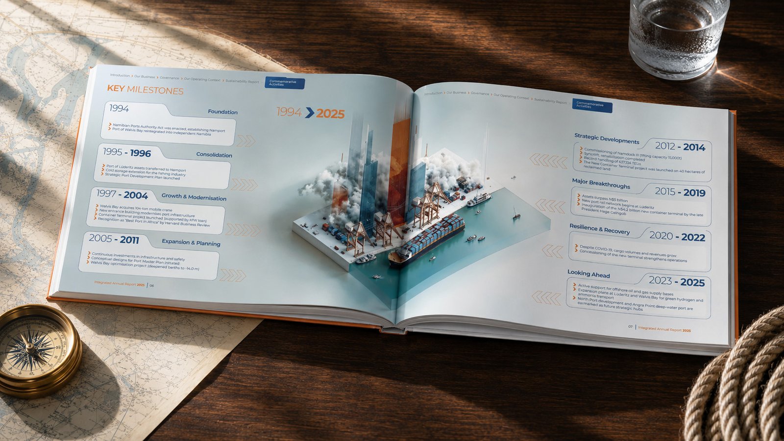 Integrated Annual Report Design In Namibia for Namport 2025 key milestones spread by Adzooka