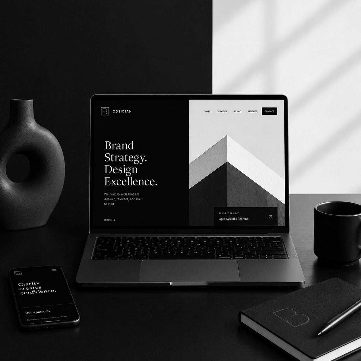 Professional website design cost in Namibia shown through a premium black and white business website and branding workspace.