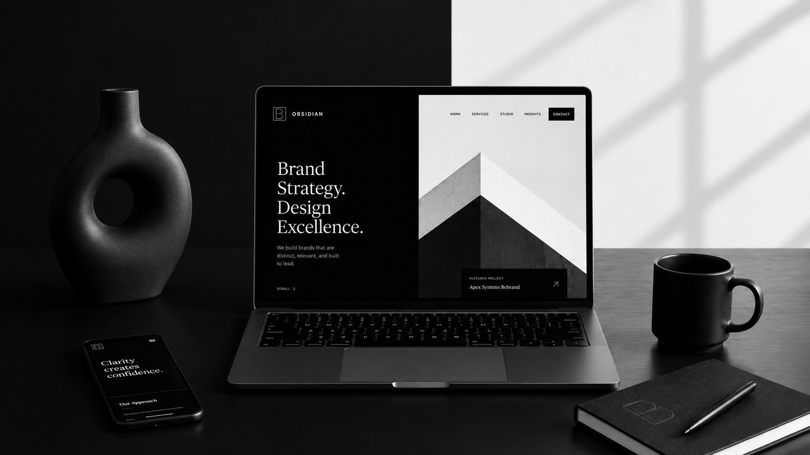 Premium black and white website and branding workspace showing strategy, design and growth for professional website design in Namibia.