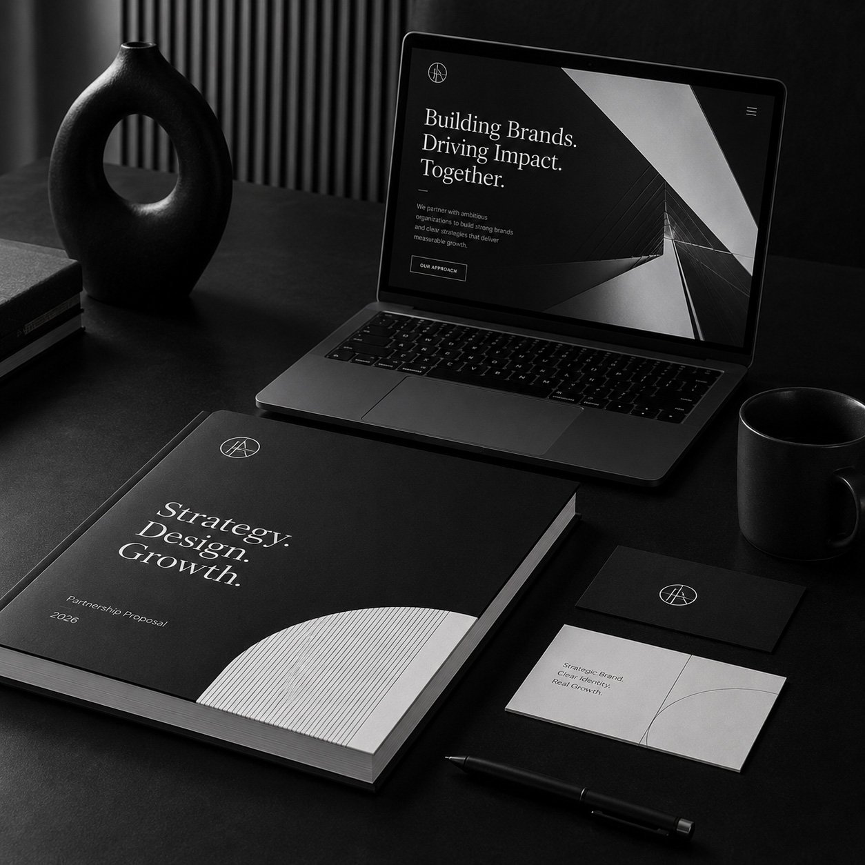 Minimal black and white website design workspace showing a professional business website, brand materials and digital strategy elements.